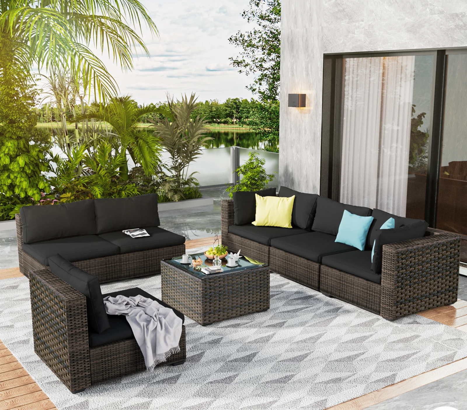 Grezone 7 Patio Outdoor Furniture Wicker Sectional Sofa Couch Lawn Sectional, Black - Radiant Selections