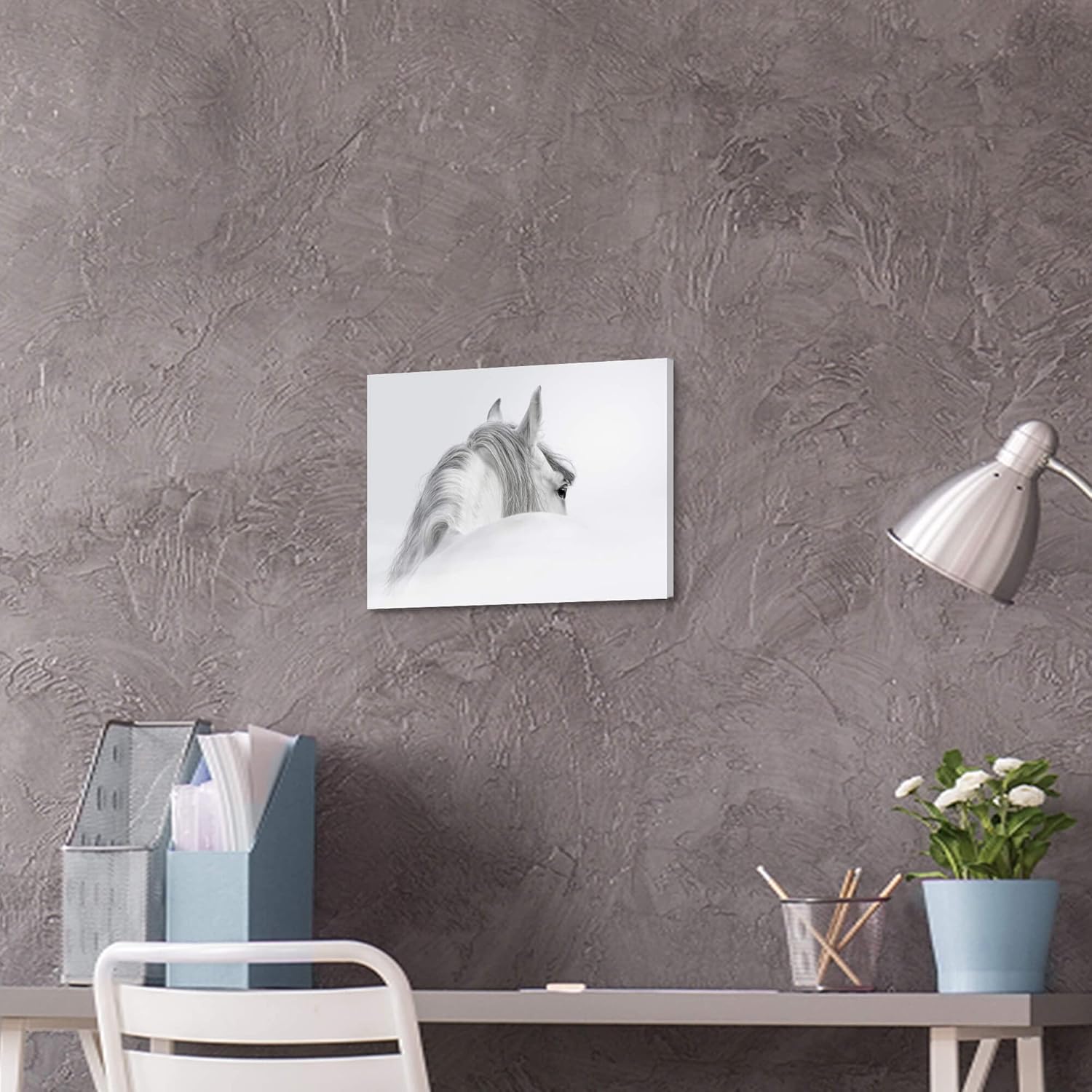 Bedroom Horse Canvas Wall Art: White Pony Picture Equestrian Print Large Modern Animal Portrait Artwork Contemporary Wildlife Painting for Bathroom