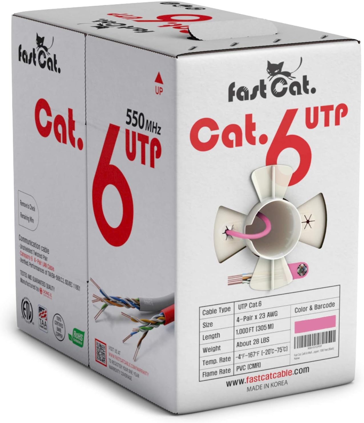 fast Cat. Cat6 Ethernet Cable 1000ft - 23 AWG, CMR, Insulated Solid Bare Copper Wire Internet Cable with Noise Reducing Cross Separator