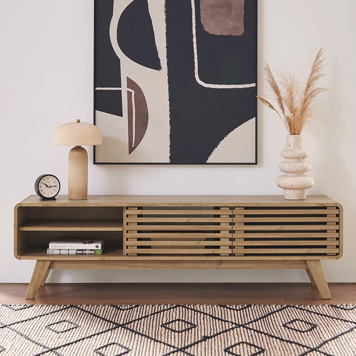 Mopio Ensley 59" Low Mid-Century Modern TV Stand Console for TV Under 70", Oak