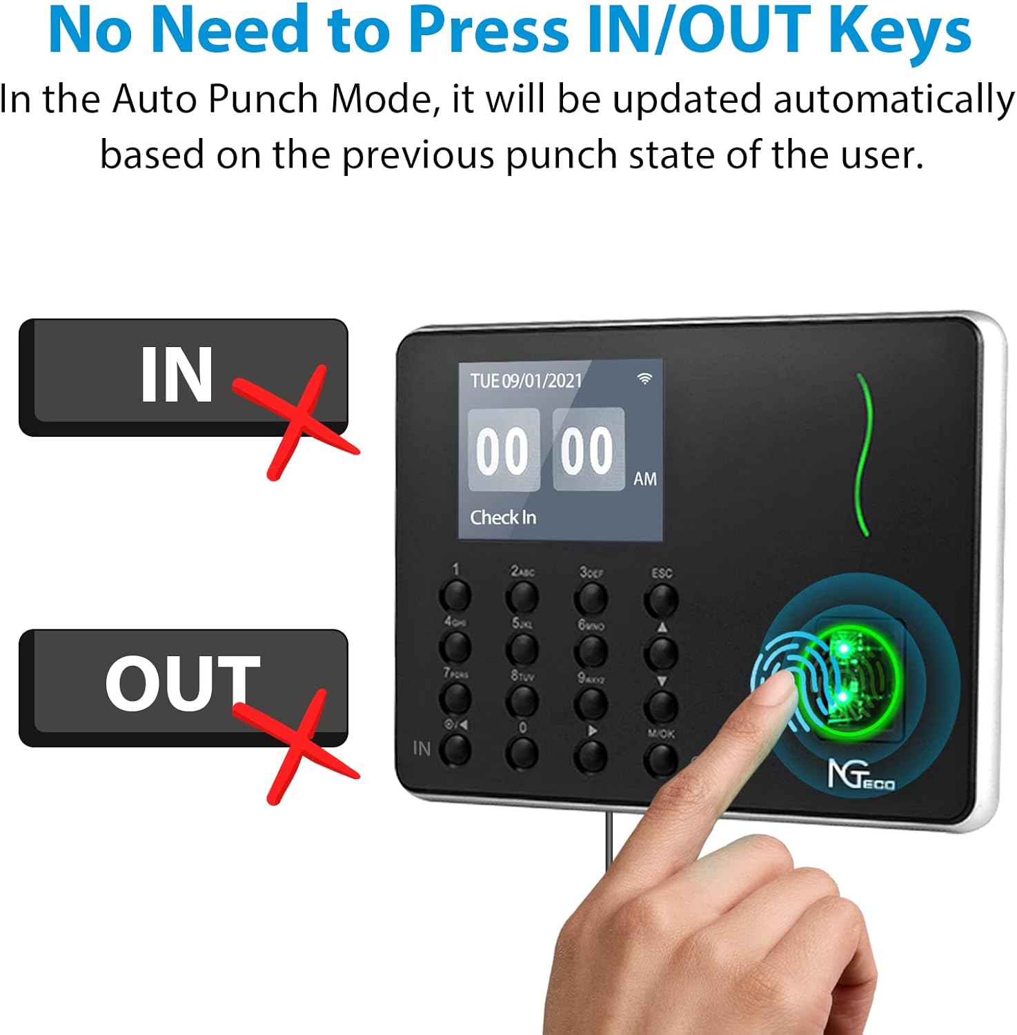 Time Clocks for Employees Small Business, NGTeco W3 WiFi Biometric Fingerprint Time Card Machine