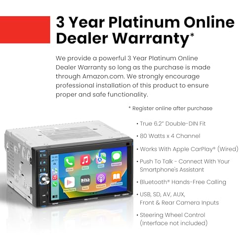 BOSS Audio Systems BCP62 Car Stereo - Apple CarPlay, Double Din, 6.2 Inch Capacitive Touchscreen, Bluetooth, No CD DVD Player, AM/FM Radio Receiver