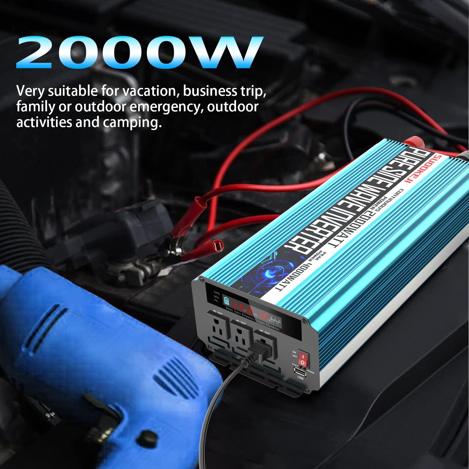 2000W Pure Sine Wave Power Inverter 12V DC to AC 110V/120V Converter for Home, RV, Solar Inverter 12V to 110V, 3 Outlet Car Inverter