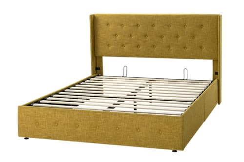 Allewie Full Size Lift Up Storage Bed, Modern Wingback Headboard, Hydraulic Support, No Box Spring Needed, Light Beige