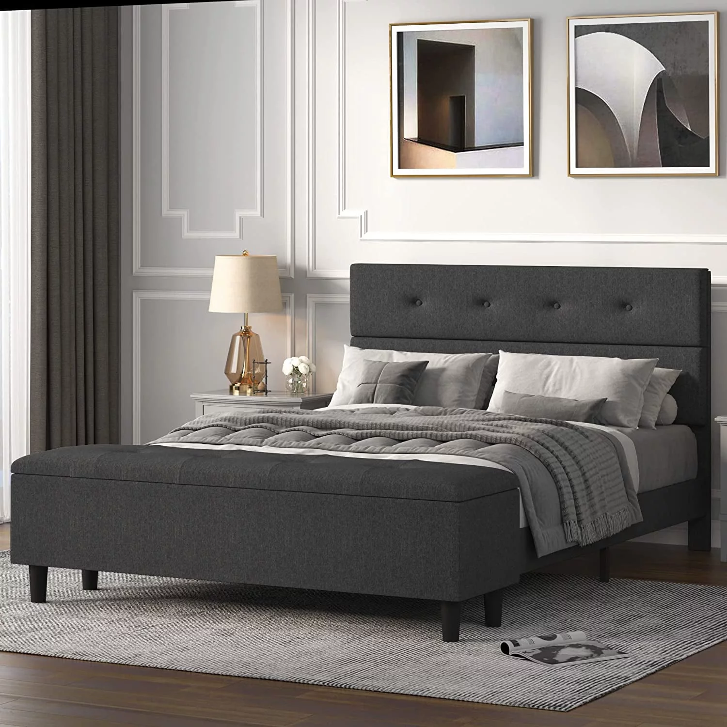 Allewie Queen Size Upholstered Platform Bed Frame with Storage Bench, Dark Grey