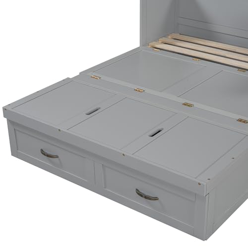 Harper & Bright Designs Full Size Murphy Bed Cabinet Wall Bed, Solid Pine Murphy Bed Chest with USB Ports