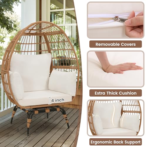 Oversized 360 Swivel Rattan Egg Chair for Adult, Indoor Outdoor Patio Large Wicker Egg Chair with Overstuffed Cushions, 440lb Weight Capacity