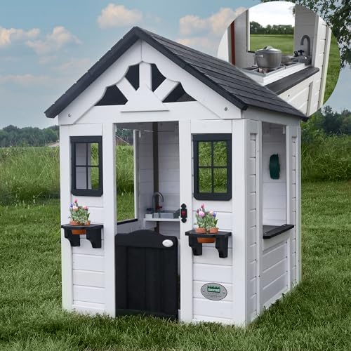 Backyard Discovery Sweetwater Cedar Wooden Kids Playhouse Cottage with Play Kitchen, Snack Bar, Half Door, Toy Phone, Windows, Flowerpot Holders