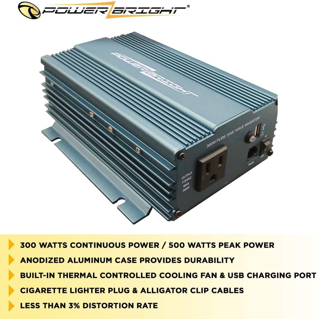PowerBright 24 Volts Pure Sine Wave Power Inverter 300 Watt, True Sine Continuous 24 Volt DC to 120 Volt AC - Perfect for an Emergency, Hurricane