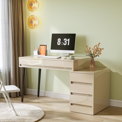 Tribesigns Gloss Desk with 5 Drawers, Modern Home Office Desk with Storage Drawers and Printer Stand
