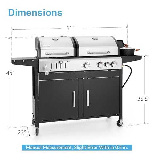 3 Burner Propane Gas and Charcoal Grill Combo with Side Burner & Porcelain-Enameled Cast Iron Grates, 37