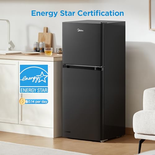 Midea WHD-113FB1 Double Door Mini Fridge with Freezer for Bedroom Office or Dorm with Adjustable Remove Glass Shelves Compact Refrigerator, 3.1 cu ft