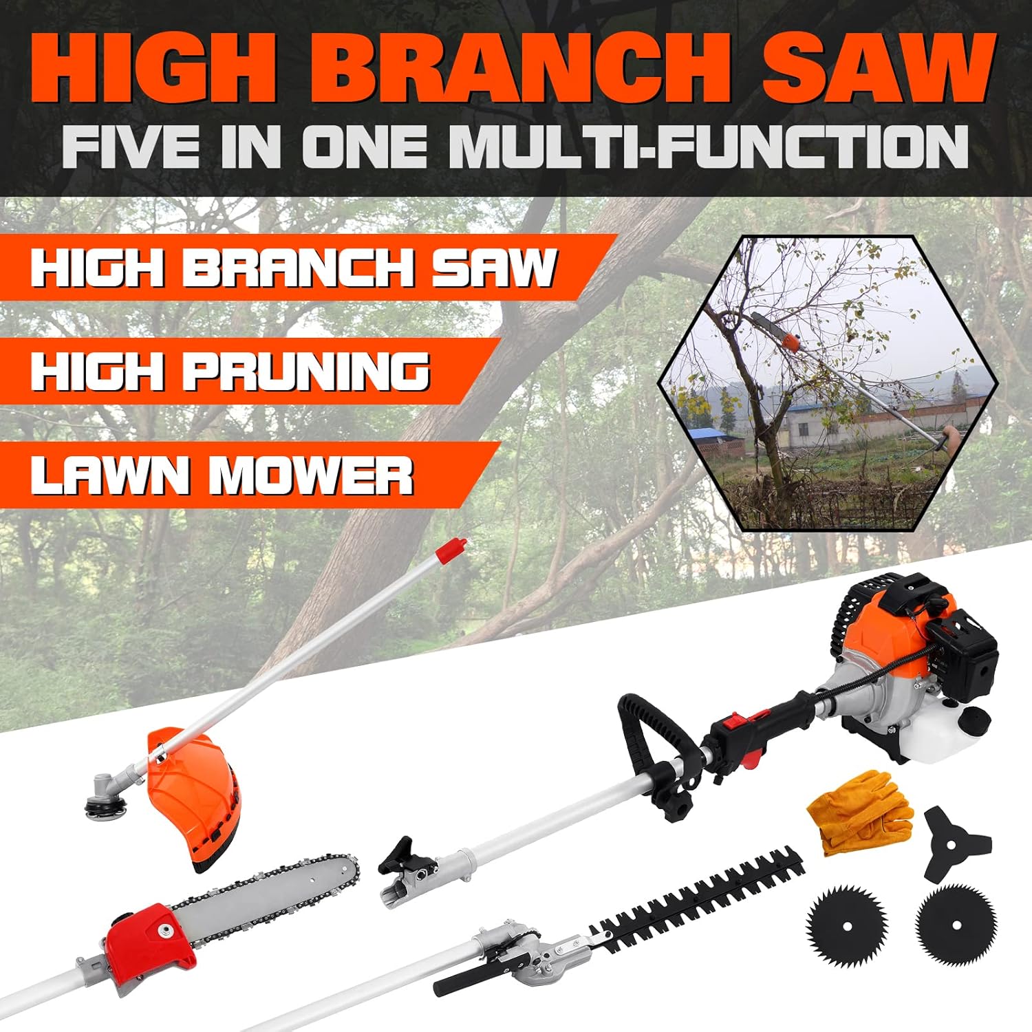 Samger 52CC 5 in 1 Gas Pole Saw Hedge Trimmer Straight Shaft Brush Cutter with Extension Pole