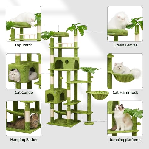 77in Cat Tree with Leaves for Indoor Cats Large Adult,Tall Cat Tower with Scratching Post, Large Cat Tree with Two Cat Condos, Soft Hammocks