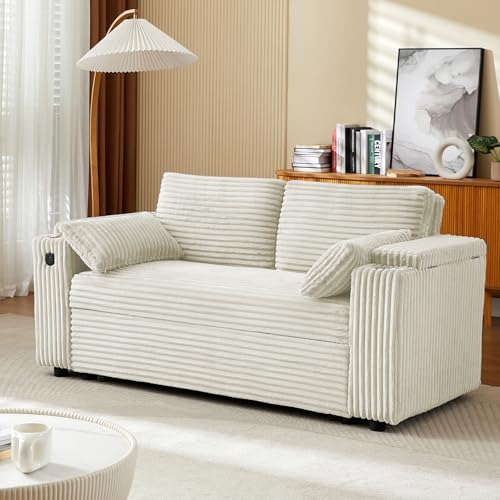 68.11" Corduroy Sleeper Chair Bed with USB Port, Cup Holders & Side Storage Pockets – 3-in-1 Foldable Sofa Bed for Guest Room, Living Room – White