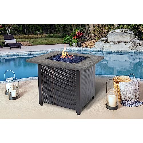 Endless Summer 30-Inch Square 30,000 BTU Propane Outdoor Fire Pit Table with Resin Mantel, Steel Base, Blue Fire Glass