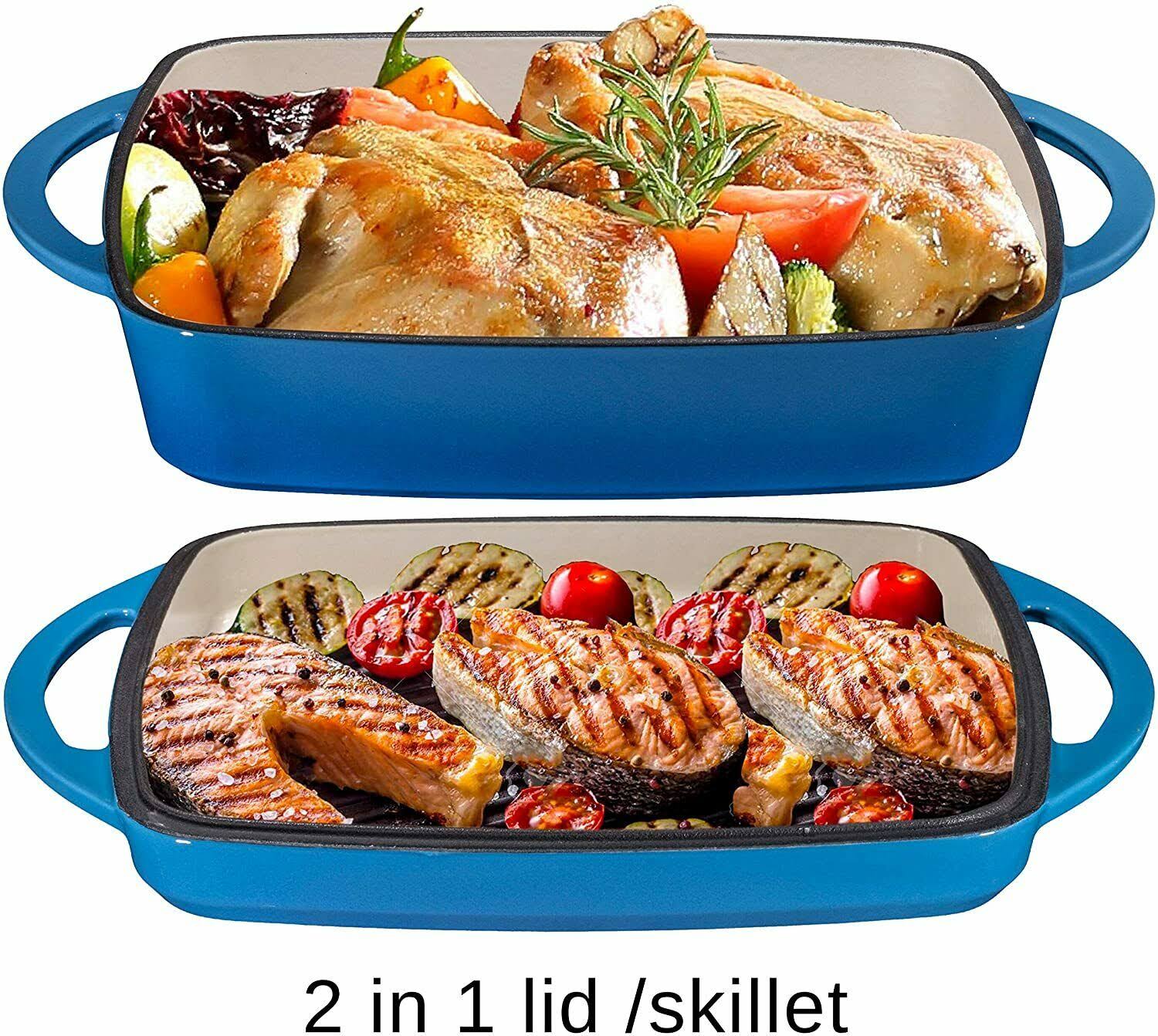 Bruntmor Enameled Cast Iron Casserole Dish Baking Pan Griddle Lid 11 inch Blue