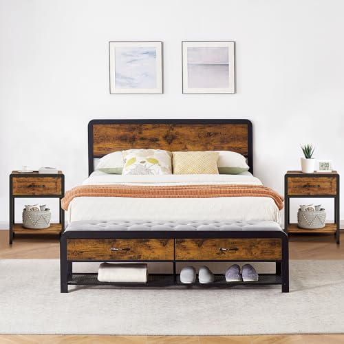 IDEALHOUSE Bedroom Set, 3-Pieces Bedroom Sets, Queen Size Bed Frame with Headboard and Storage Drawers Bench