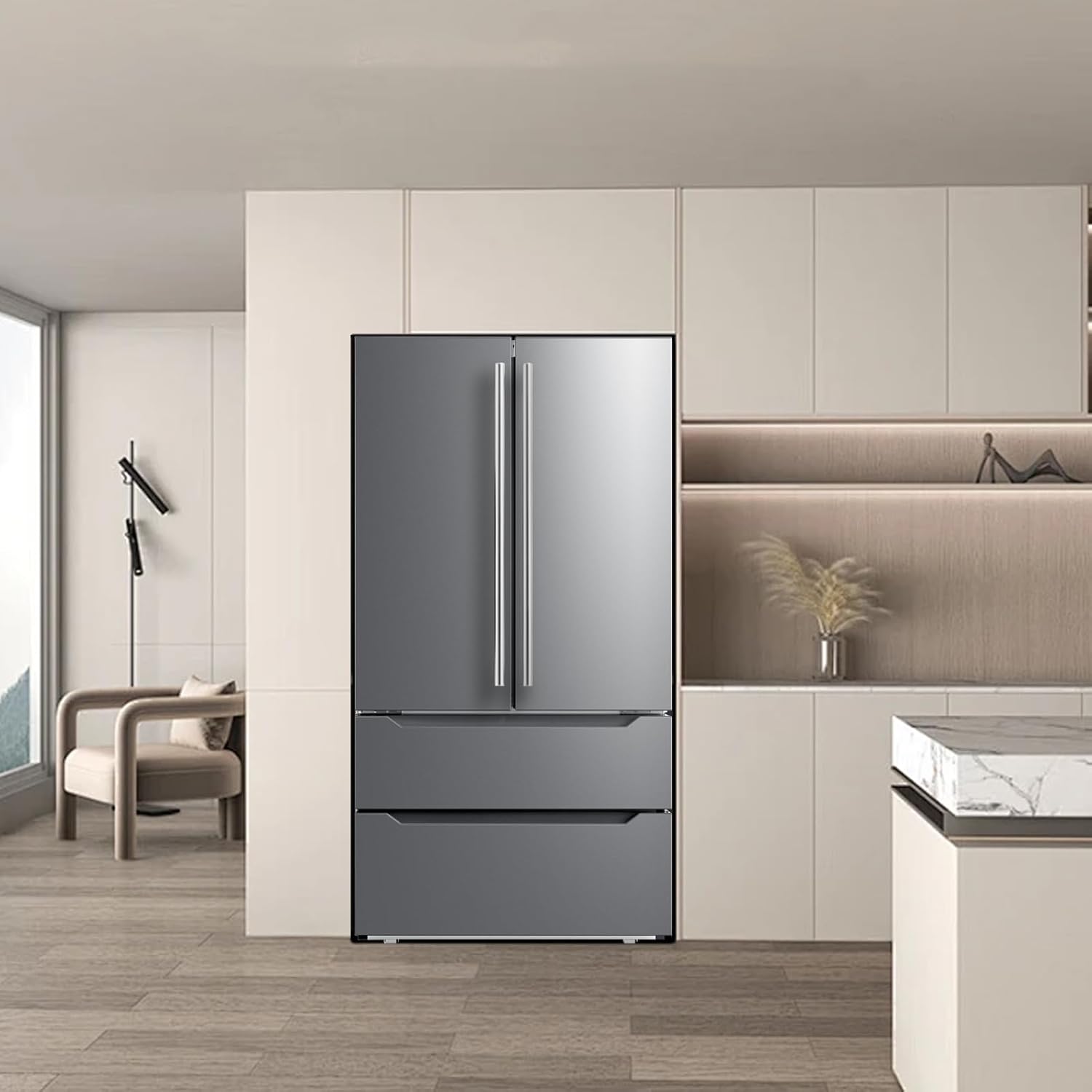 French Door Refrigerator, Large Full Size Refrigerators with Ice Maker 22.5 Cu.ft