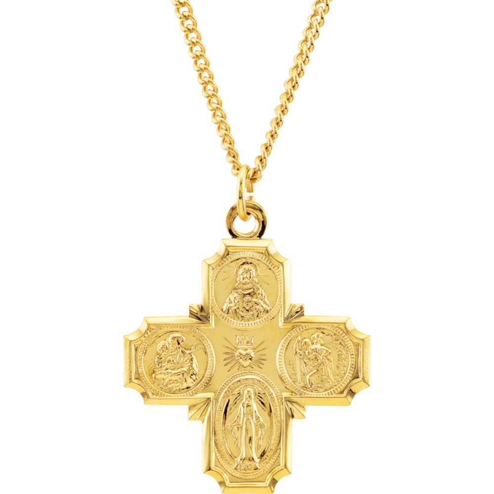 24k Gold Plated 29x29mm Polished Four way Religious Faith Cross Medal Pendant Necklace With 24 Inch Chain Jewelry Gifts