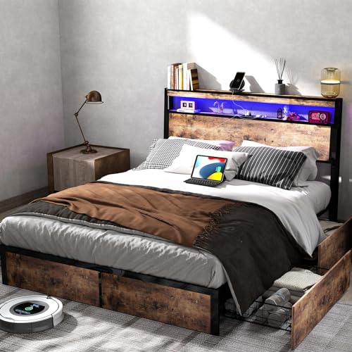 King Size Bed Frame with 4 Storage Drawers and Headboard with Charging Station and LED Lights,2 Tier Solid Wood Headboard Storage,Noise Free