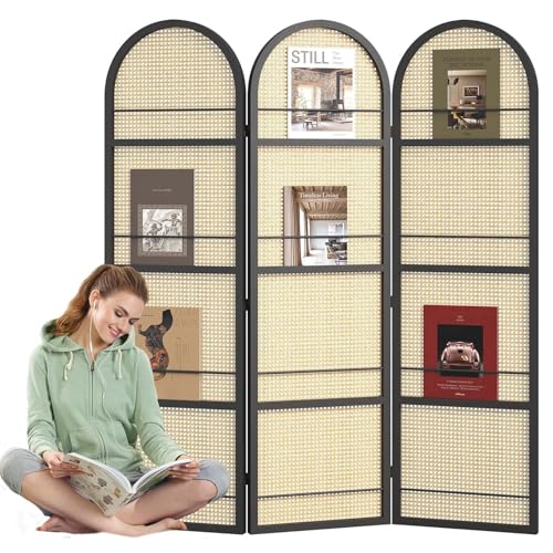 Room Divider and Folding Privacy Screens, Pine Wood 5.6 Ft Double Hinged Rattan Partition Freestanding Wall Room Divider for Home - 3 Panels