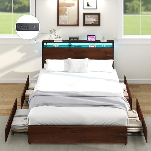 Queen Size Bed Frame with 4 Storage Drawers, LED Platform Bed with Headboard, Built in Charging Station, Noise Free, Stable and Solid