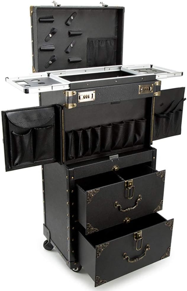 Rolling Lockable Makeup Train Case Hairdressing Trolley Stylist Beauty Salon Cosmetic Luggage Travel Organizer Tool Box with Hair Dryer Holder