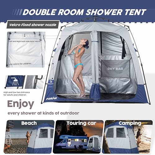 Camping Shower Tent Deluxe Changing Room Easy Set Up Privacy Shelter,Large Toilet Tent 2 Rooms with Floor Drain Design for Beach, Camping