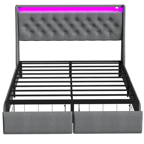 Queen Bed Frame with 2 Storage Drawers, Platform Bed Frame Queen Size with LED Light, Upholstered Headboard, Charging Station, Steel Slat Support