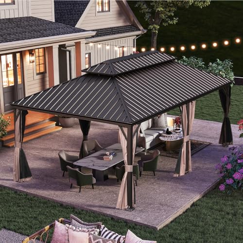 Domi 10’ x 10’ Hardtop Gazebo Metal Frame Canopy with Netting & Curtains