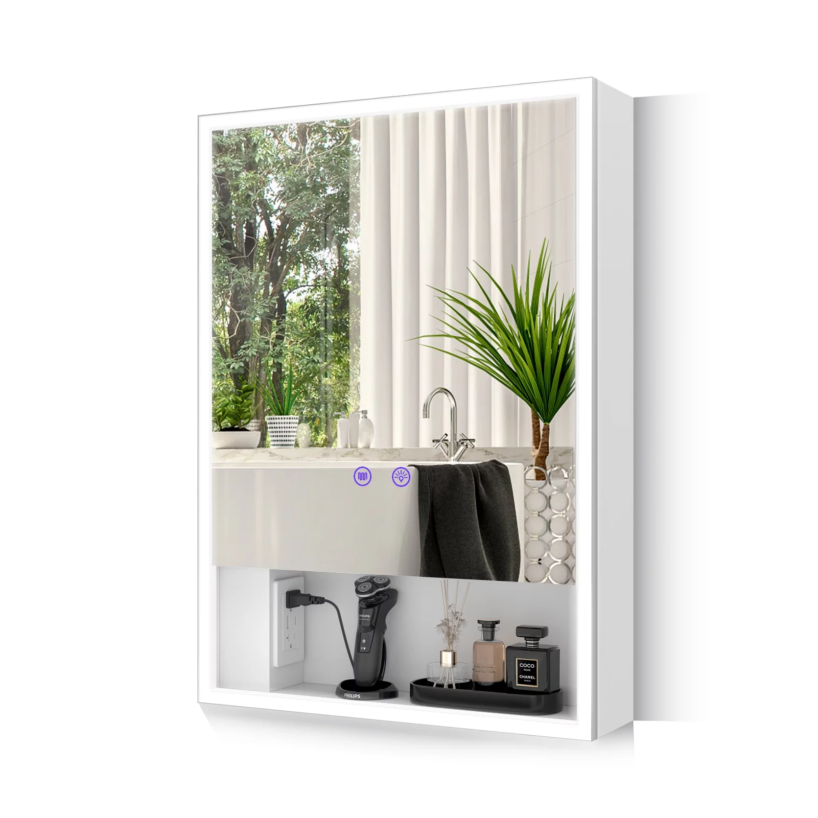 LALAHOO Bathroom Medicine Cabinet with 3-Color Mode Led Lights 28 x 20 Inch Recessed Medicine Cabinet or Surface Mount Medicine Cabinet with Socket