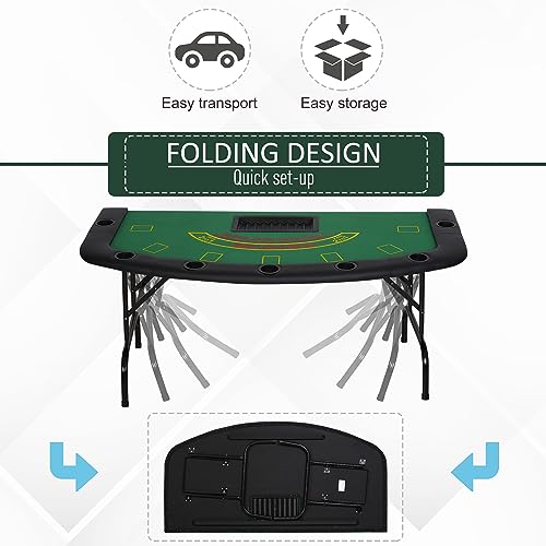 Soozier Poker Table Foldable, 72" Blackjack Table for 7 Players with Chip & Cup Holder, Blue Felt