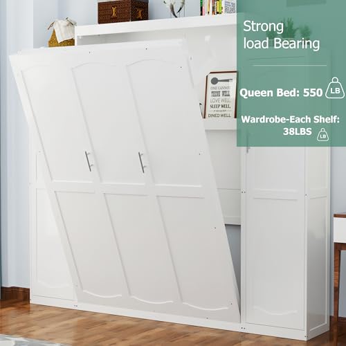 Polib Full Size Murphy Bed with Two Wardrobes and Storage Shelf, Space-Saving Wall Cabinet Bed with Foldable Platform Bedframe for Small Bedrooms