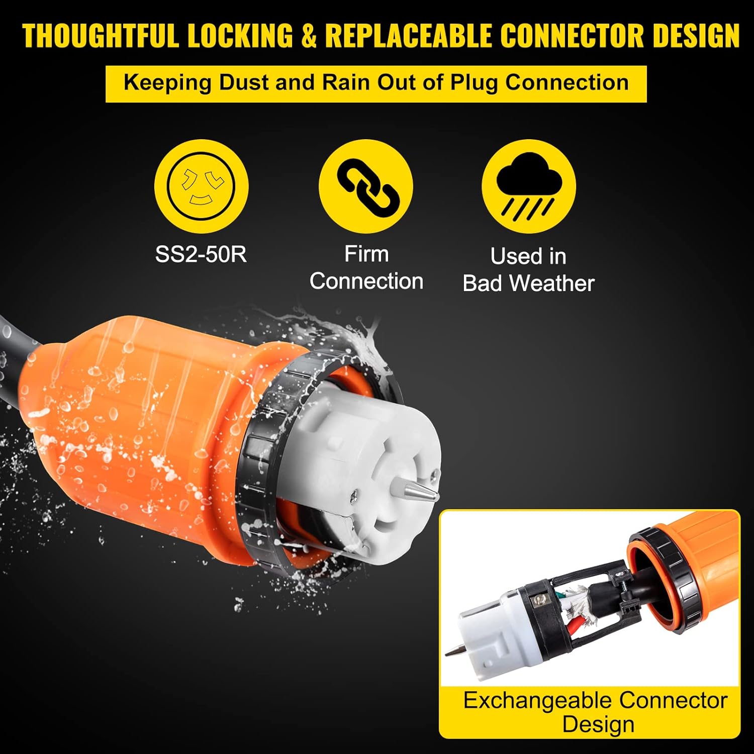 VEVOR Generator Cord, 15' Generator Power Cord w/ Plug in & Out Pin of Inlet Box Side, 50AMP SS2-50R/CS6375 Style Inlets Cable