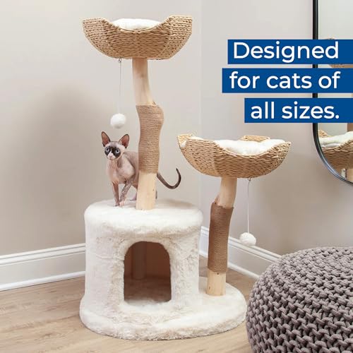 The Sanctuary Cat Tree - Luxury Cat Condo, Large Modern Indoor Tower with 3 Faux Fur Beds, Scratching Posts, and Toys for Cats
