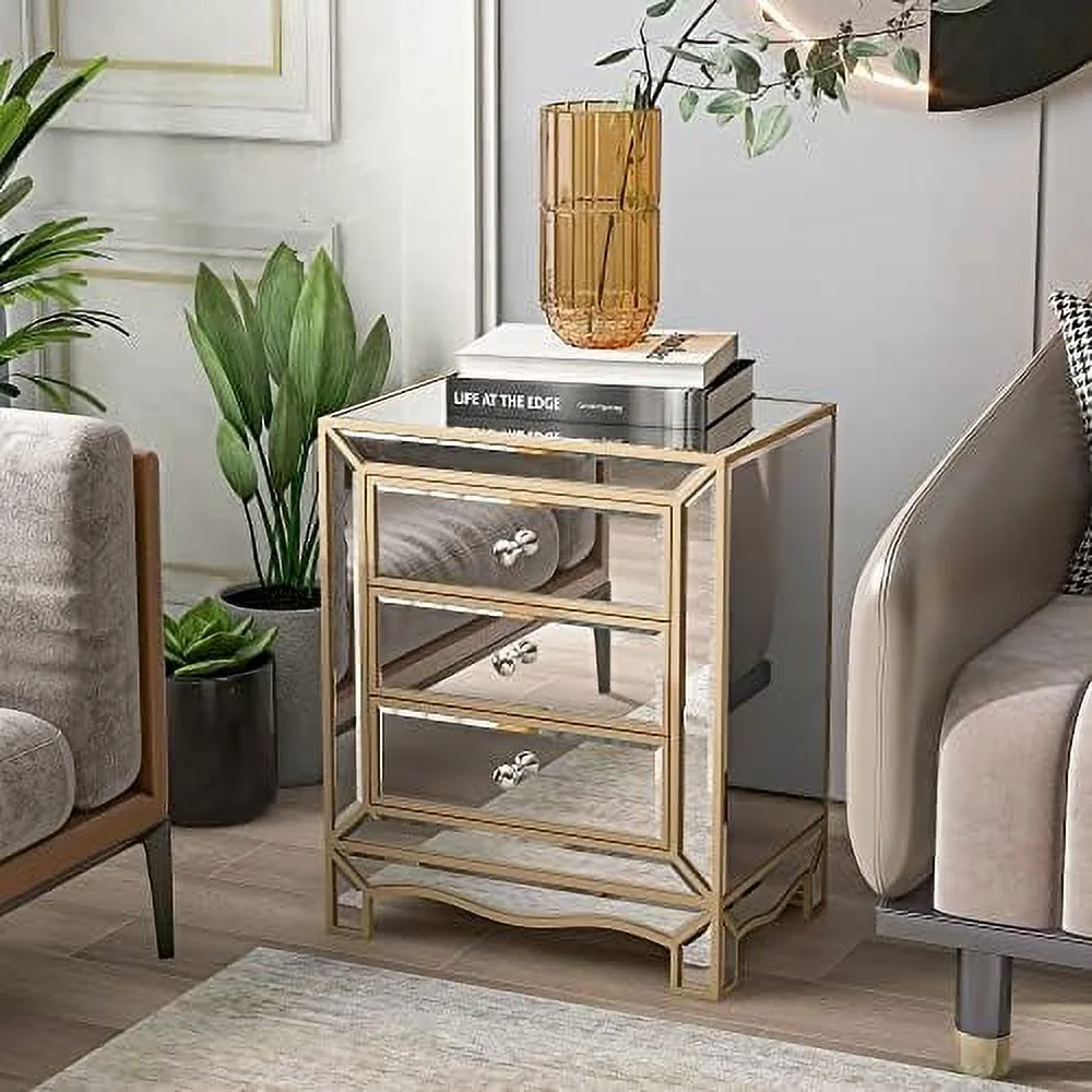TJBOLIFE Mirrored Nightstand Bedside Table  Modern 3-Drawer Mirrored Accent End Tables Sofa  with Crystal-Style Knobs for Bedroom  Living Room