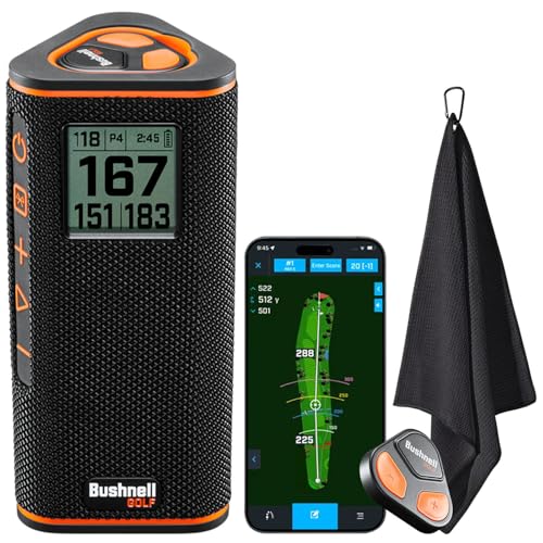 Bushnell Golf Wingman View GPS Speaker | LCD Screen, Magnetic Mount, Music & Audible Distances for 36,000+ Courses, Wireless Remote, 36-Hole Battery