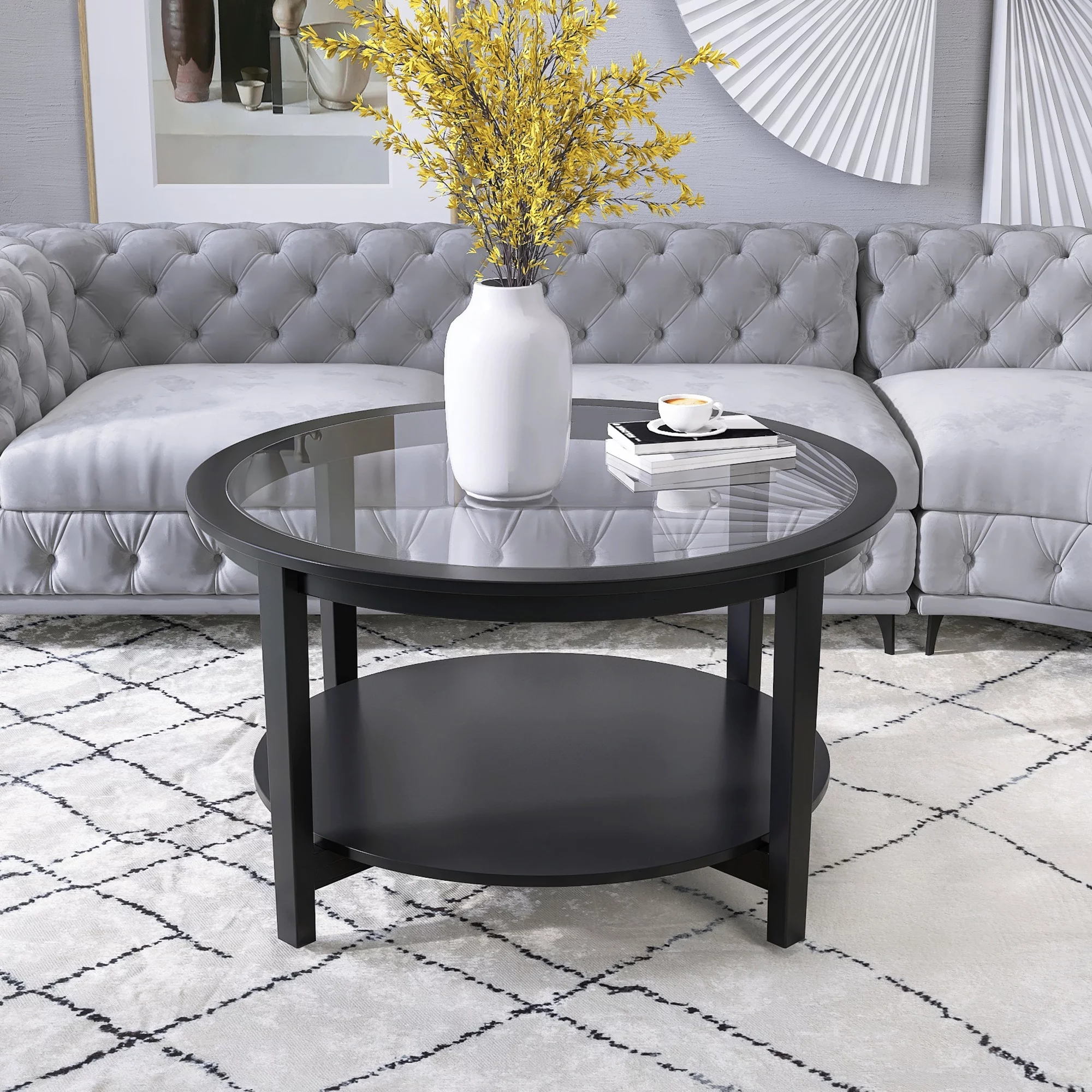 Round Tempered Glass Coffee Table,Living Room Solid Wood Coffee Table