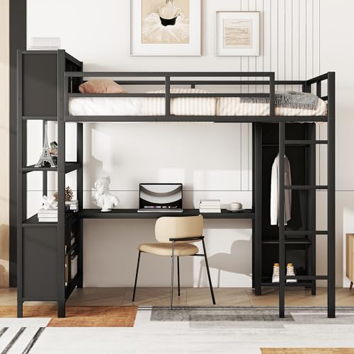 Bellamave Metal Loft Bed with Wardrobe and L-Shaped Desk, Full Size Loft Bed with Storage Cubes and Shelves, Heavy Duty LoftBed for Kids Teens Adults