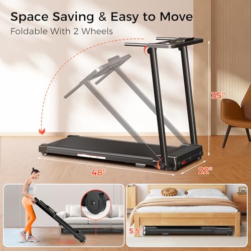 Treadmill with Handles, Portable Small Treadmills for Home and Office, 3.0HP Folding Walking Pad with 300 lbs Capacity, Cup Holder