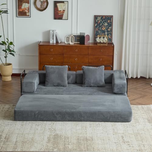 Compression Floor Sofa Bed, Convertible Foldable Sofa with Support Backrest and Armrest, Corduroy Fabric Modular Sectional Couch with 2 Pillows
