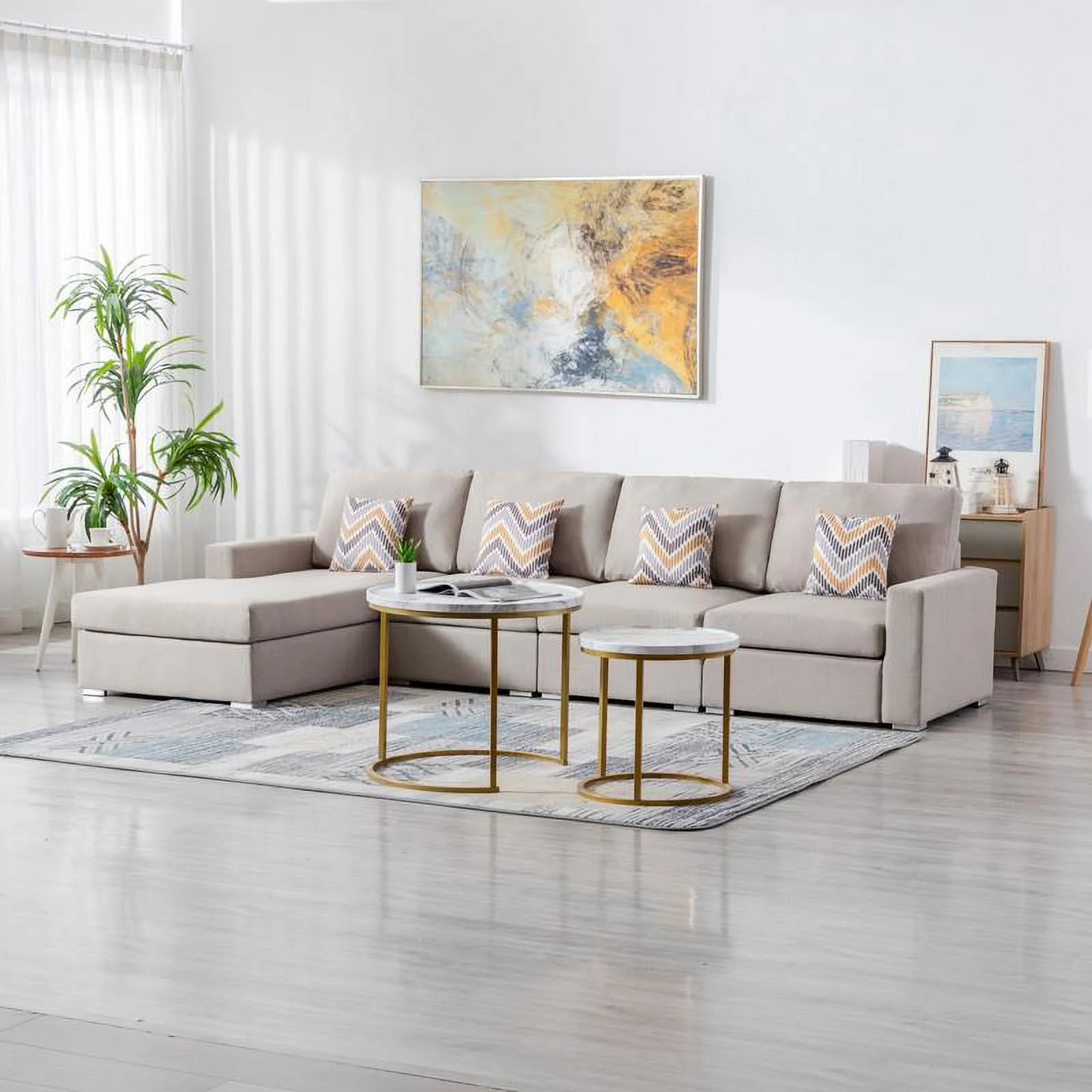 Nolan Beige Linen Fabric Reversible Sectional Sofa Chaise Interchangeable Legs