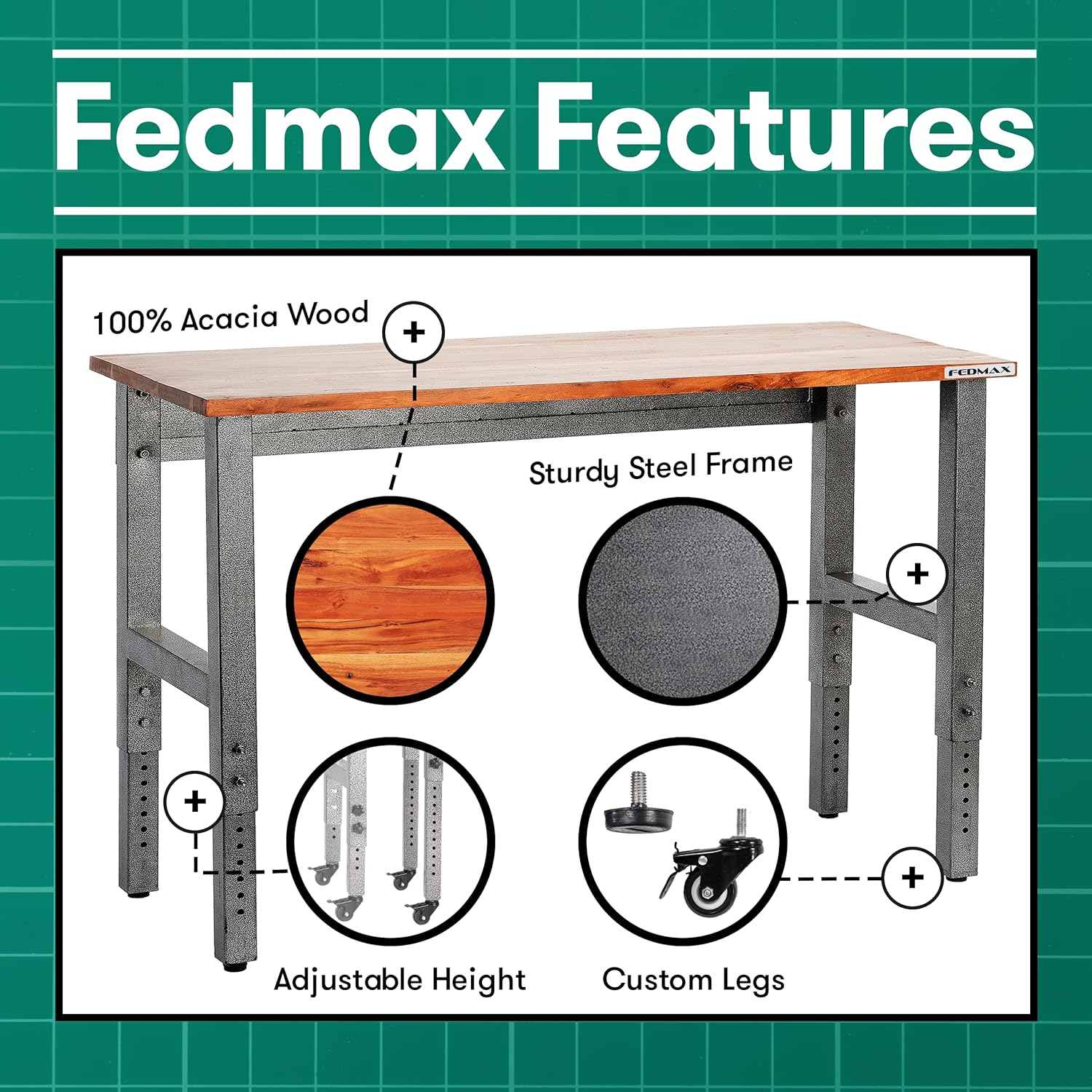 Fedmax Workbench - 61 Wide Rolling Workbenches for Garage - Workshop Tool Bench, Kitchen Work Table, Home Office Desk, Arts & Crafts Station