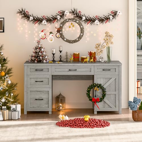 Farmhouse 61'' Executive Desk with 5 Drawers, Rustic Office Desk Computer Desk with Charging Station, File Drawers and Storage Cabinet