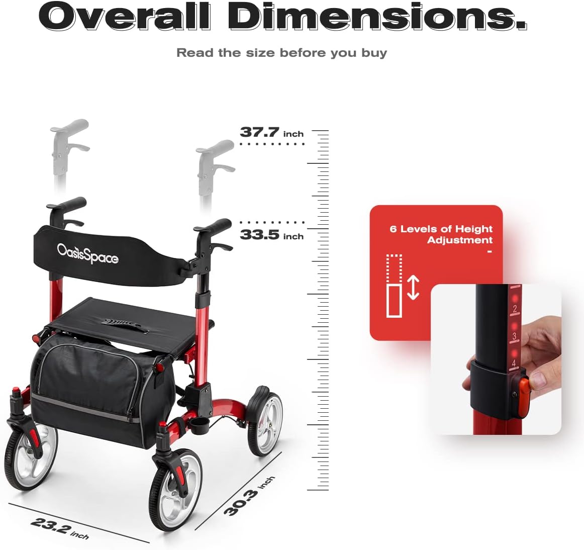 OasisSpace Upgrade Rollator Walker with Seat, Ultra Folding Rollator Walker for Seniors, Rolling Mobility Walking Aid Walker with Gear Wheel, Red