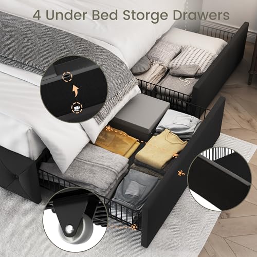 King Size Bed Frame with 4 Storage Drawers and Tufted Headboard Linen Upholstered Platform Bed Frame Wingback Beds with Wooden Slats Support
