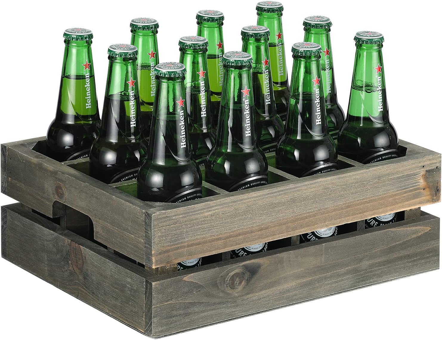 MyGift Wooden Crate Drink Carrier, Rustic Reclaimed Style Gray Wood 12 Bottle Holder Storage Crate with Handles Pack of 2