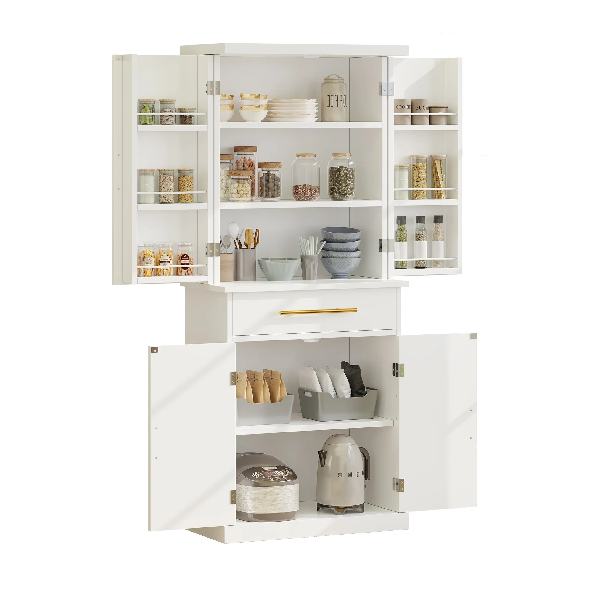 Dextrus 72.4"H Kitchen Pantry Storage Cabinet, 4 Doors Freestanding Food Pantry Storage Cabinet with Drawer and Adjustable Shelf for Kitchen