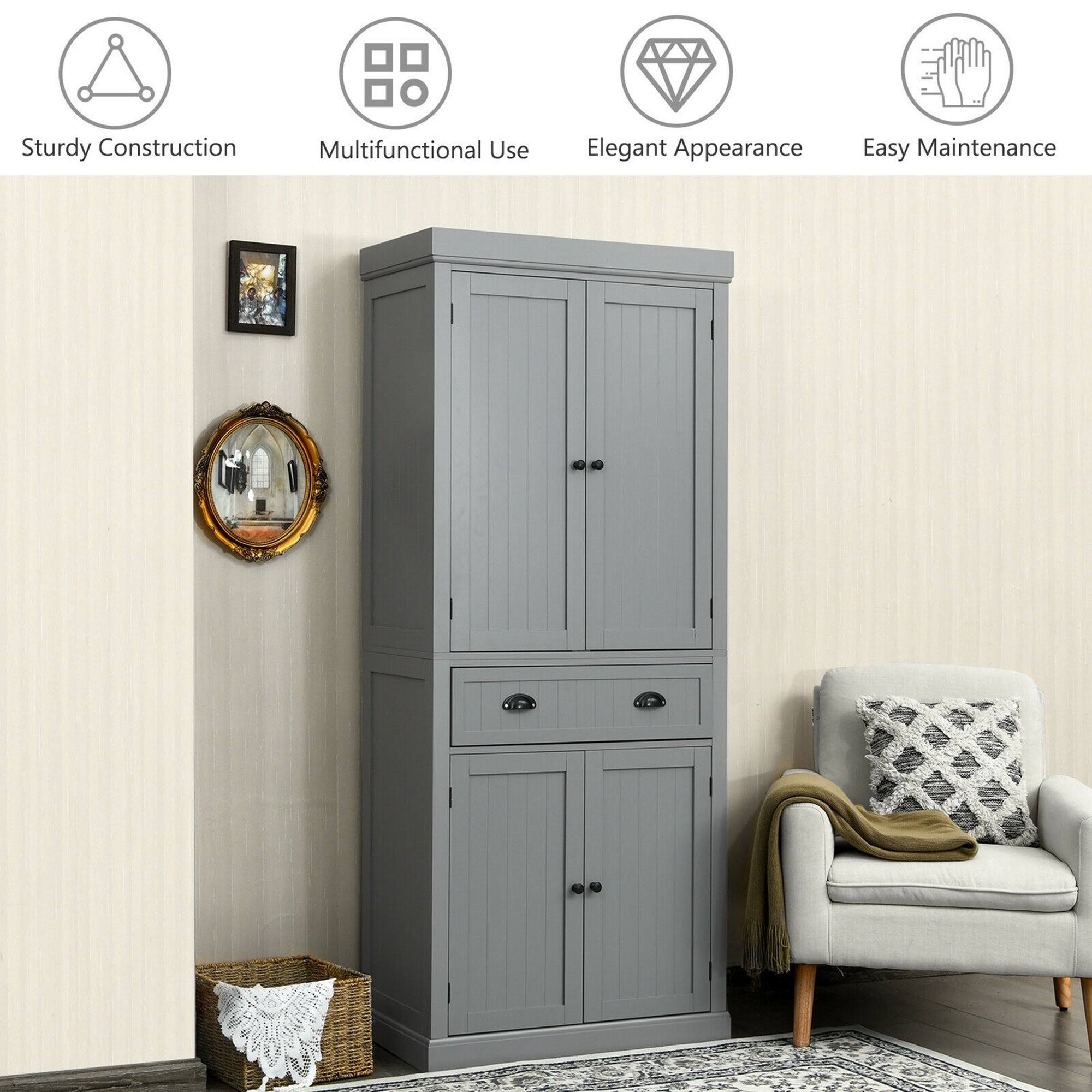 Gymax Kitchen Cabinet Pantry Cupboard Freestanding w/Shelves Grey - See Details